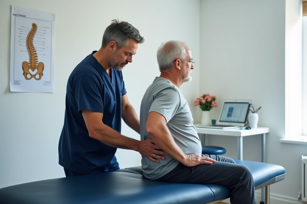 Kinésithérapeute examinant le bas du dos d'un patient souffrant d'une fracture du coccyx dans un cabinet médical