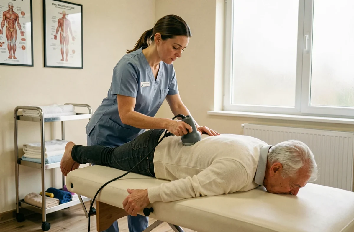 Kinésithérapeute utilisant un appareil de vibration thérapeutique sur un patient en cabinet
