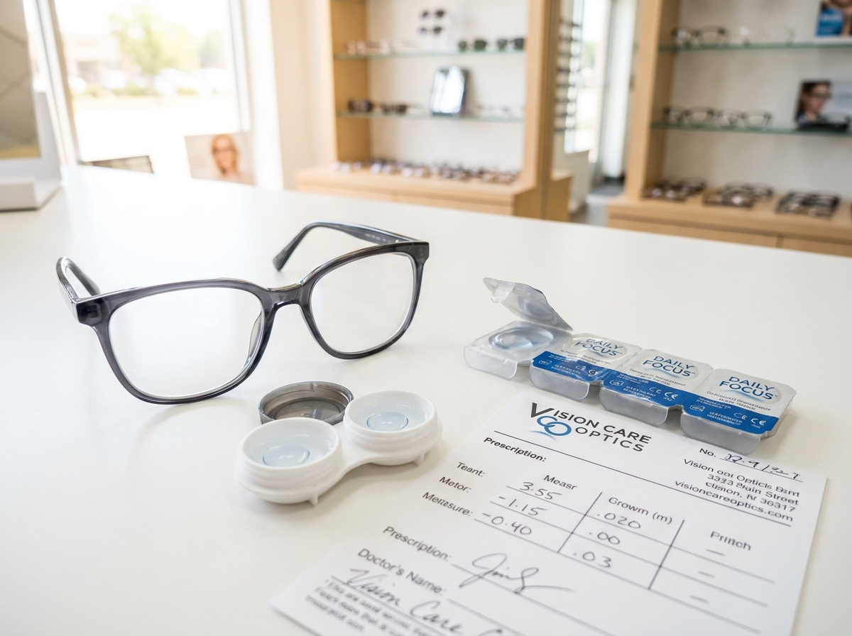Lunettes de vue, lentilles de contact et ordonnance posées sur le comptoir d'un opticien