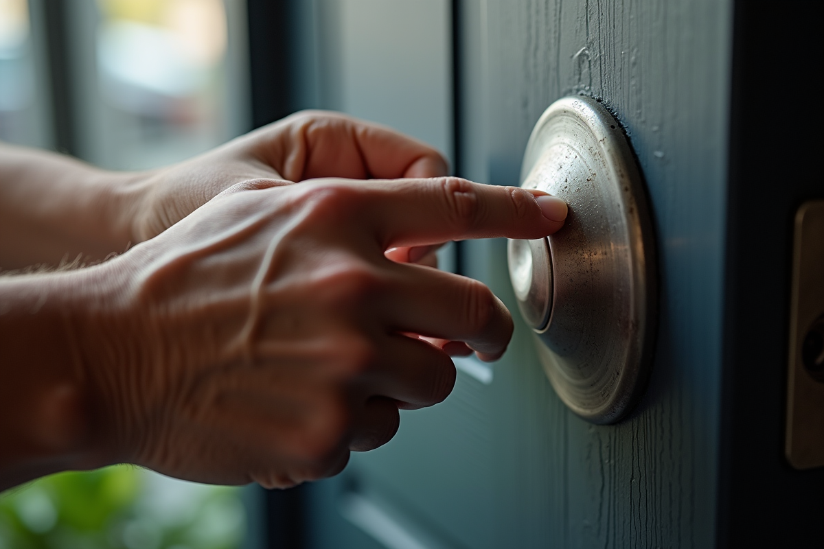 Mains touchant une poignée de porte en métal avec traces de contamination