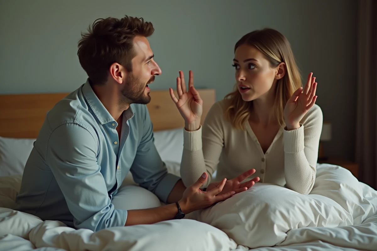 Femme rejetant d'un geste les paroles émotionnelles de son partenaire assis sur le lit, lui signifiant que c'est sa maladie qui parle