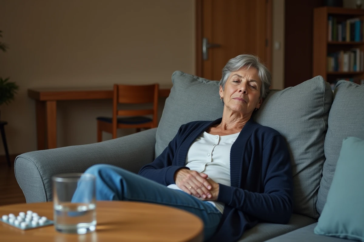 Femme senior allongée sur un canapé avec un verre d'eau et du paracétamol sur la table basse, illustrant un malaise vagal à domicile