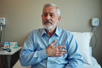 Homme âgé assorti d'une expression d'inconfort tenant sa poitrine dans un cabinet médical, avec des comprimés de paracétamol visibles sur le bureau