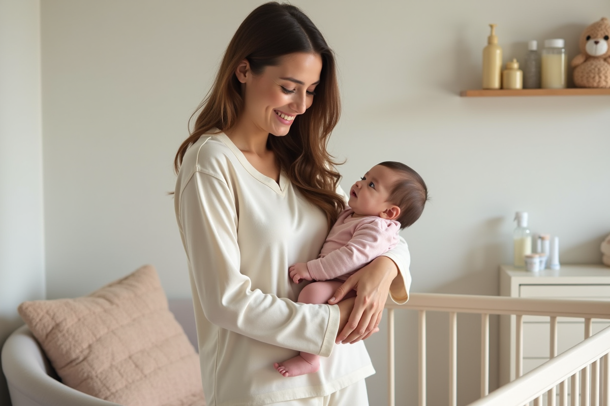 Maman souriante avec son bébé dans une nurserie douce