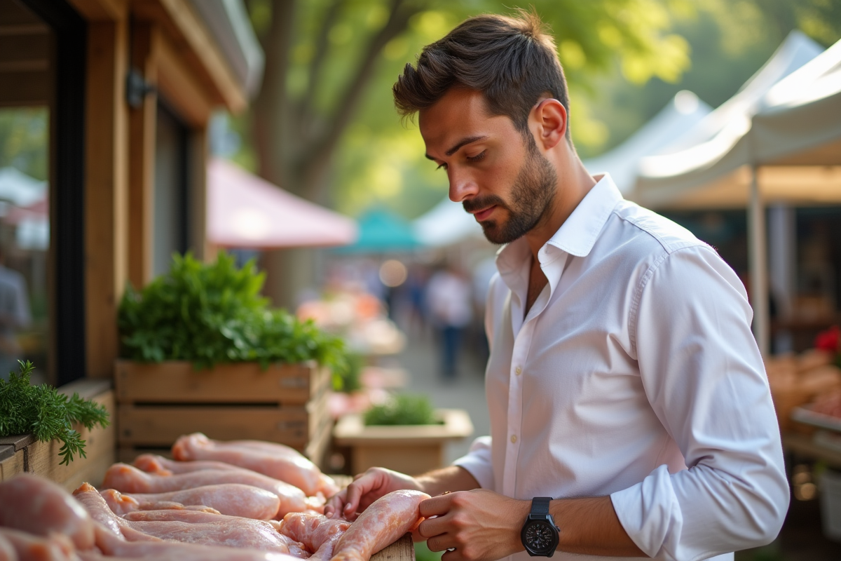 Jeune homme examinant des morceaux de poulet au marché en plein air