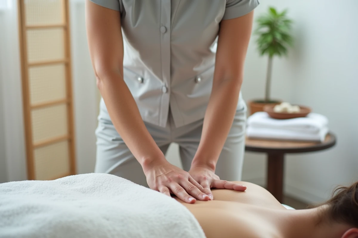 Masseuse professionnelle pratiquant un massage du dos sur une cliente dans un institut bien-être à Toulouse