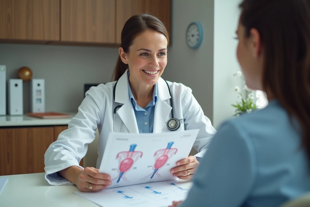 Medecin expliquant un diagramme a une femme enceinte