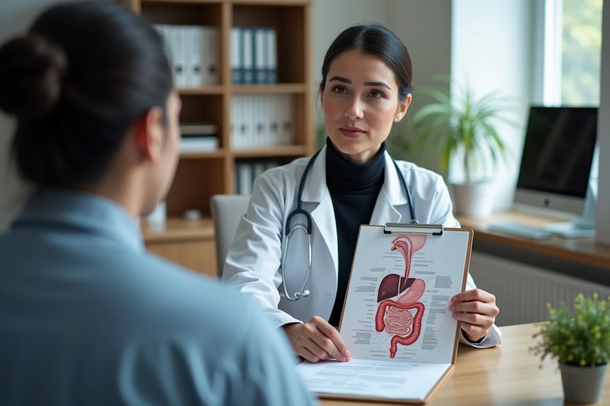 Médecin expliquant les symptômes d'un problème de foie à un patient en cabinet