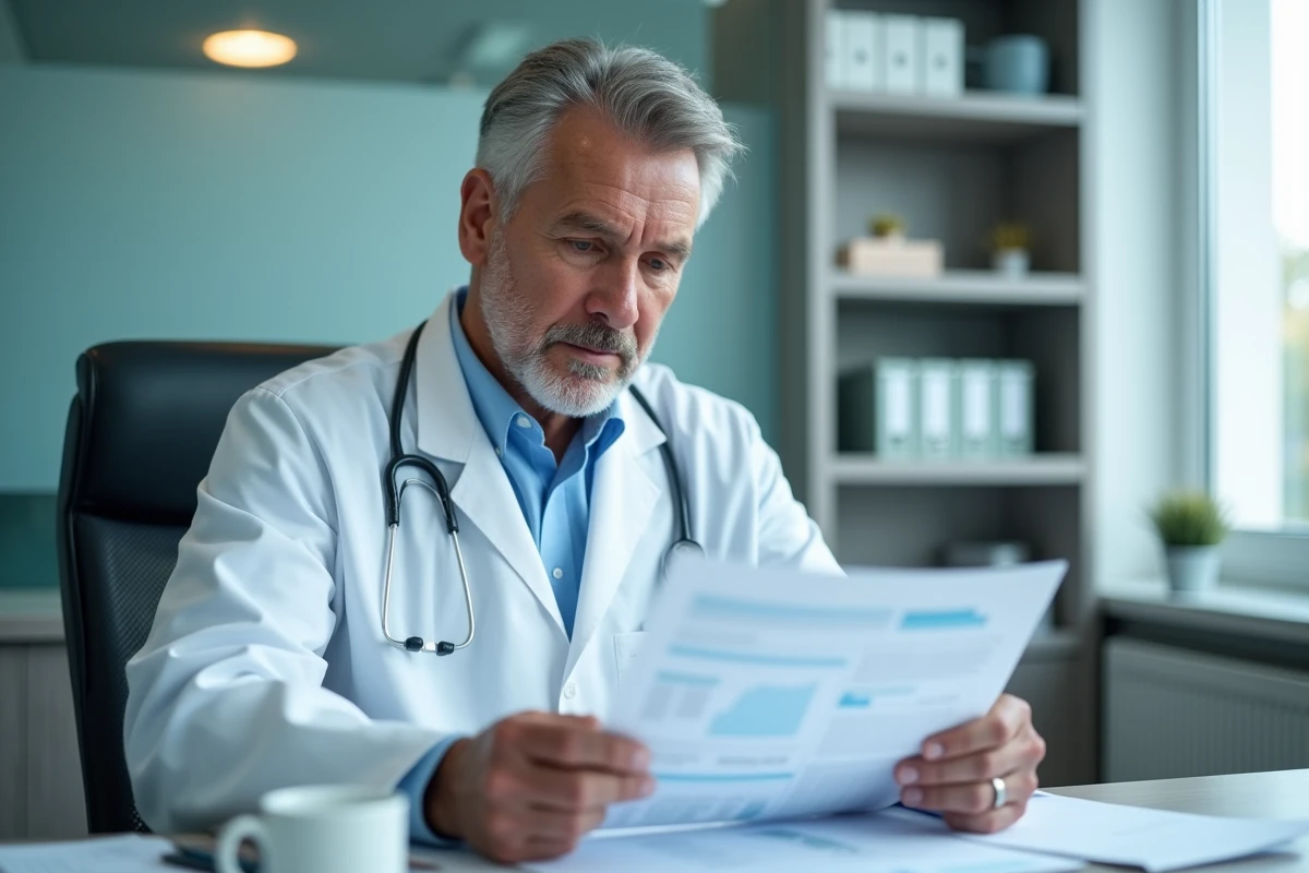 Medecin en blouse blanche examine un dossier médical
