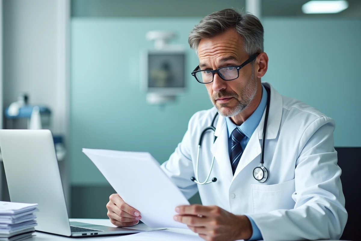Medecin en blouse blanche analysant un dossier médical