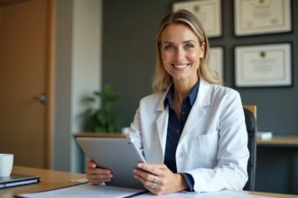 Médecin généraliste femme consultant une plateforme de santé numérique sur tablette dans son cabinet médical