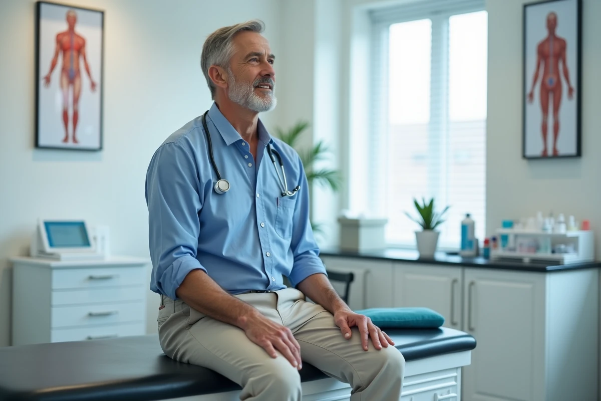Homme d'âge moyen assis sur une table d'examen médical