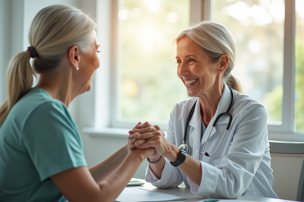 Jeune médecin soutenant une femme âgée lors d