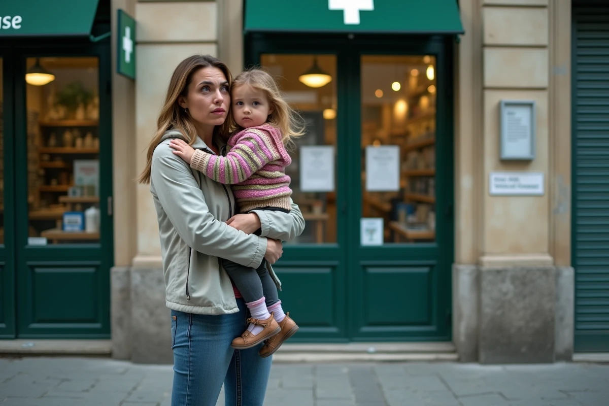 Mère inquiète avec sa fille devant une pharmacie fermée
