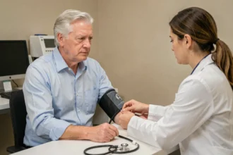 Médecin mesurant la tension artérielle d'un patient âgé en consultation cardiologique après un infarctus