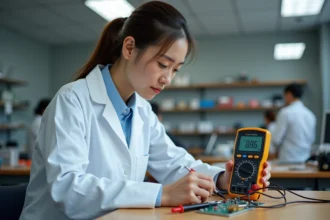 Étudiante en physique mesurant une tension électrique avec un multimètre numérique sur un circuit imprimé dans un laboratoire universitaire