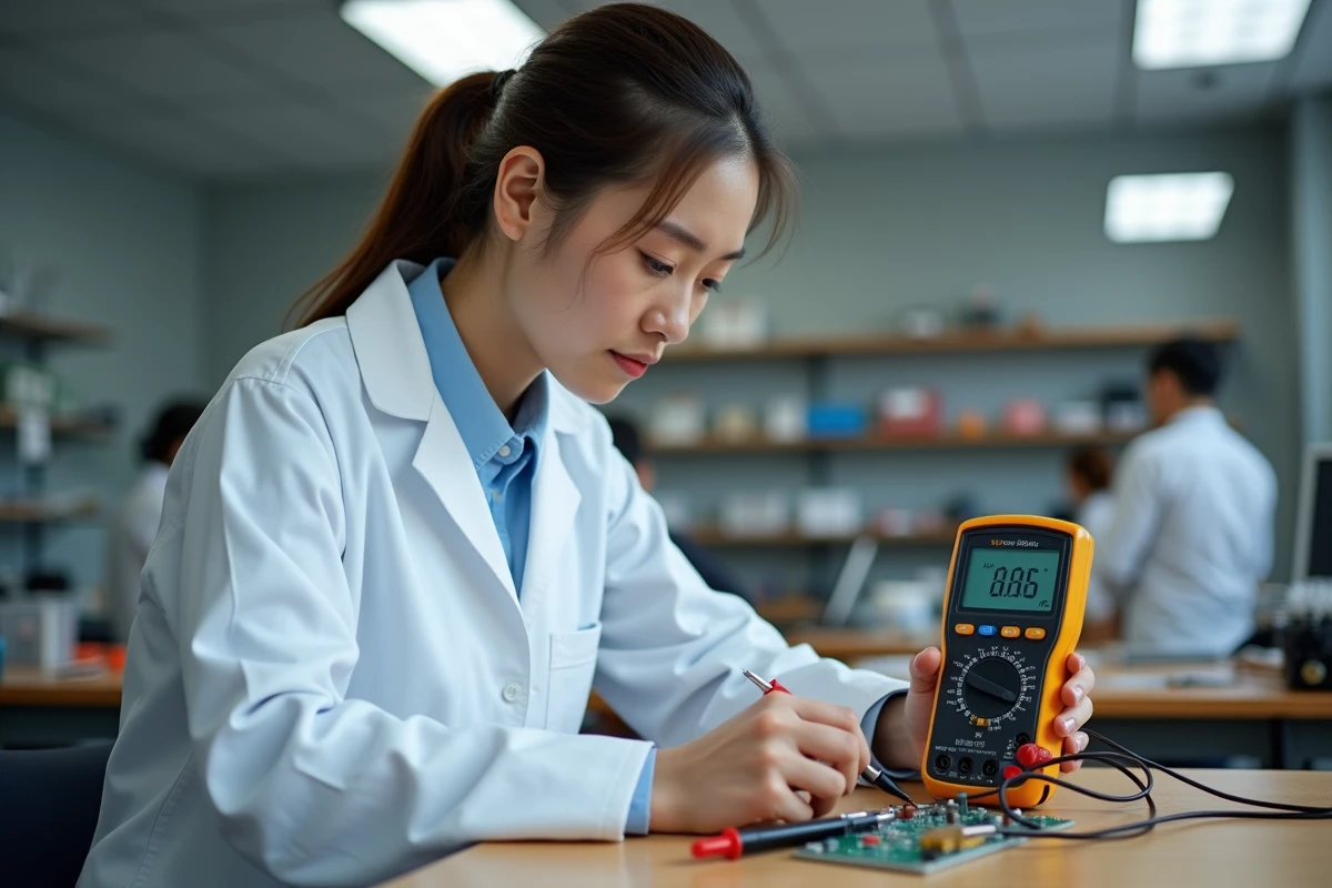Étudiante en physique mesurant une tension électrique avec un multimètre numérique sur un circuit imprimé dans un laboratoire universitaire