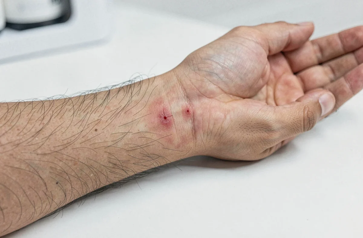 Marques de morsure sur un avant-bras humain montrant deux points rouges et une légère inflammation cutanée