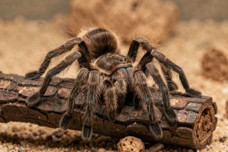 Mygale vue de près dans un terrarium, détail des poils et des yeux sur fond d'écorce sombre