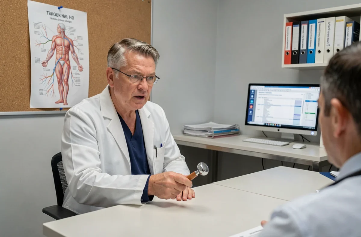 Médecin neurologue expliquant les traitements médicaux des vibrations corporelles à un patient