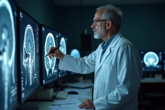 Neurologue examinant des images IRM cérébrales sur écran médical montrant des taches blanches dans le cerveau