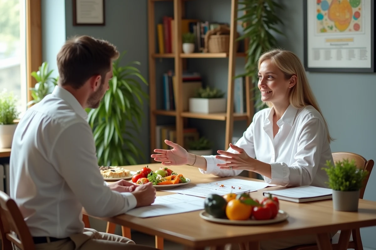 Nutritionniste expliquant un plan repas à un homme dans un cabinet
