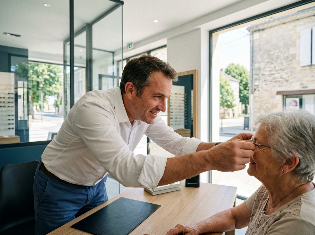 Opticien aidant un client âgé dans une clinique moderne