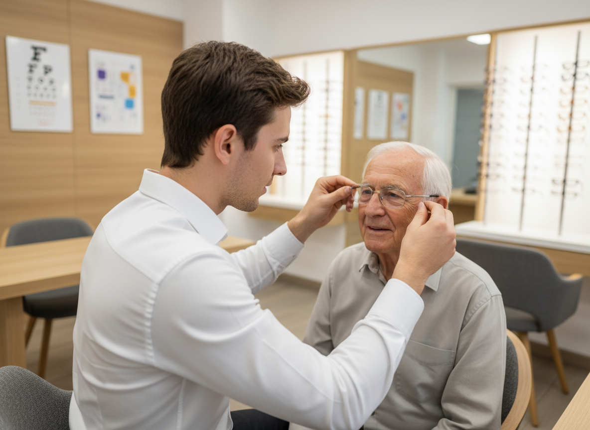 Opticien ajustant des lunettes à un client âgé dans un espace professionnel