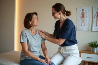 Ostéopathe femme traitant les douleurs du dos d'une patiente dans un cabinet ostéopathique moderne et apaisant