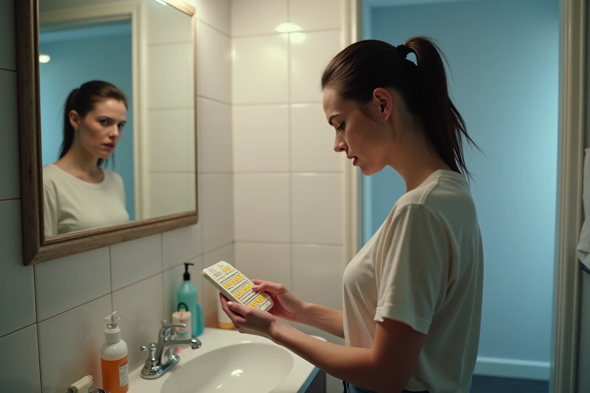 Femme tenant un pilulier dans une salle de bain, son partenaire en arrière-plan la regardant d'un air réprobateur concernant son traitement