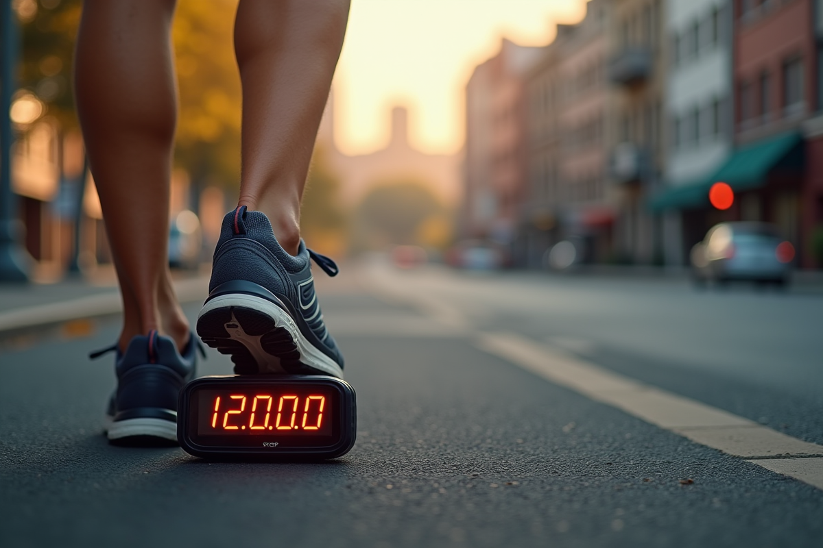 Pieds en chaussures de course sur un podomètre affichant 12000 pas