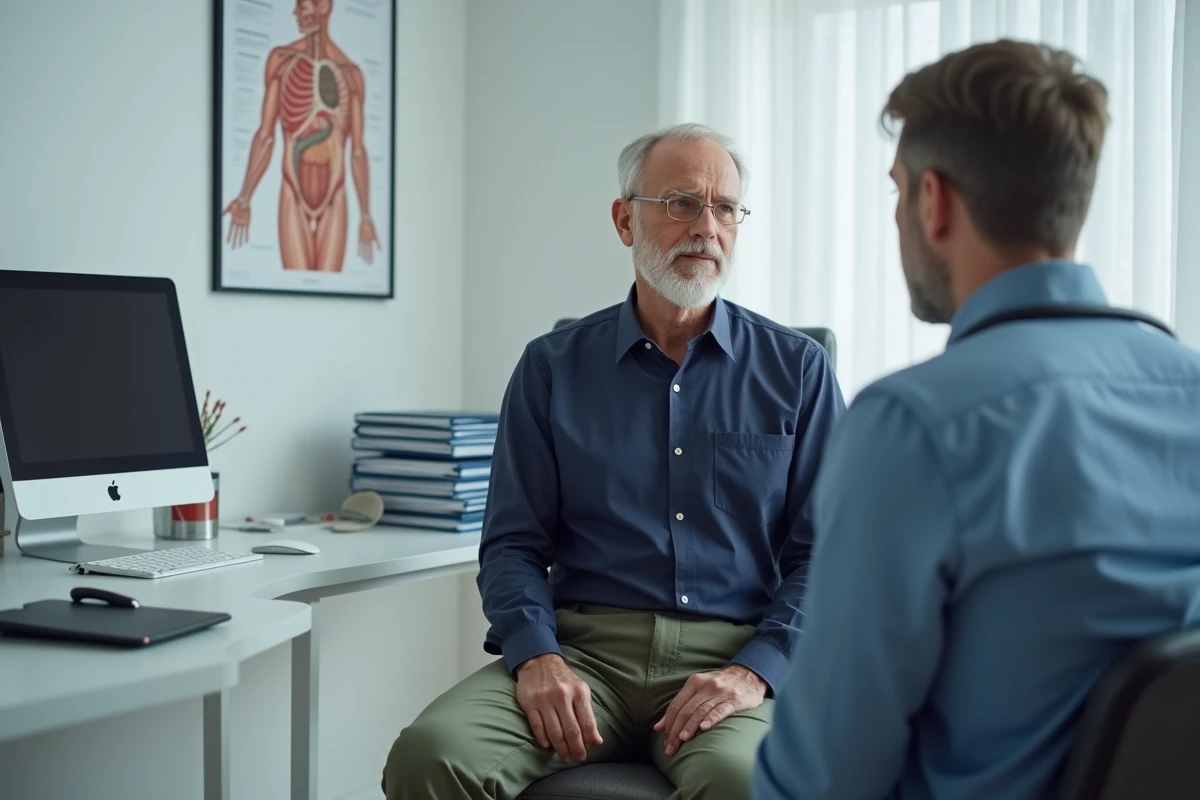 Patient masculin en consultation médicale pour une maladie chronique dans un cabinet de médecin moderne