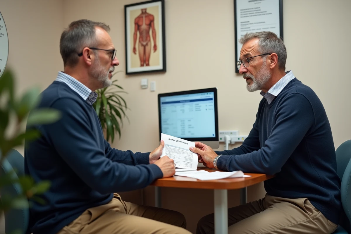 Patient discutant du prix d'un examen TEP scan avec son médecin lors d'une consultation médicale