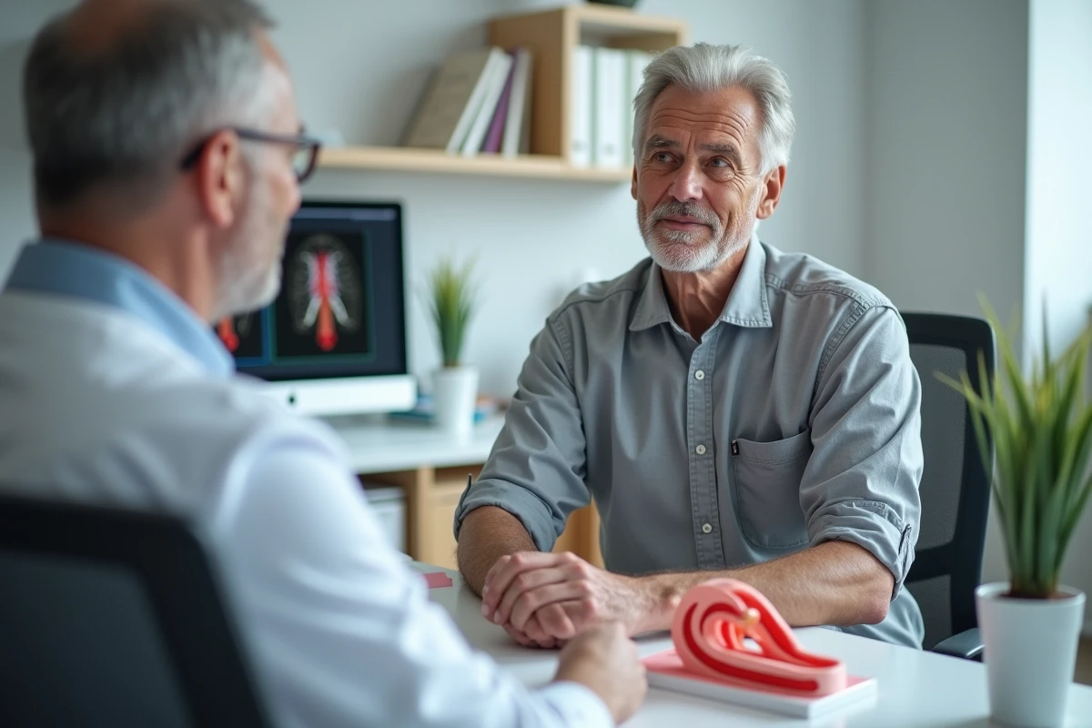 Patient âgé en consultation neurologique discutant de la durée de vie d'un stent carotidien avec son médecin