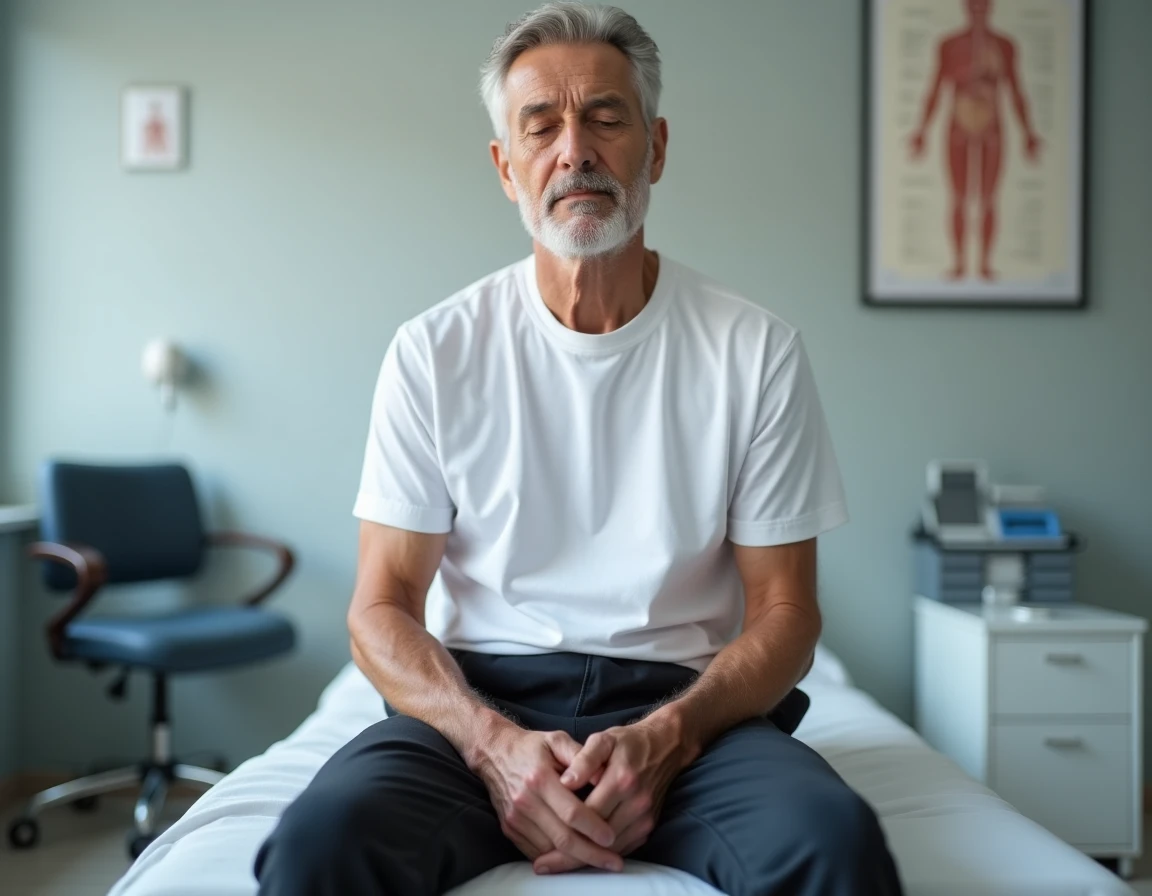 Patient masculin en consultation médicale ressentant des vibrations internes et des fourmillements, symptômes nerveux
