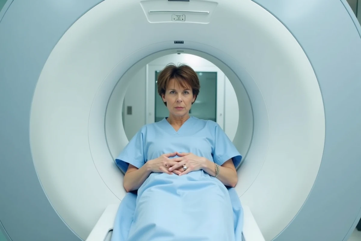 Patiente allongée dans un scanner IRM lors d'un examen neurologique pour détecter des lésions cérébrales