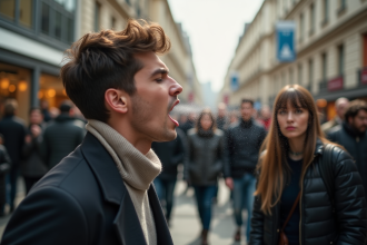Personne éternuant dans un lieu public bondé avec gouttelettes en suspension