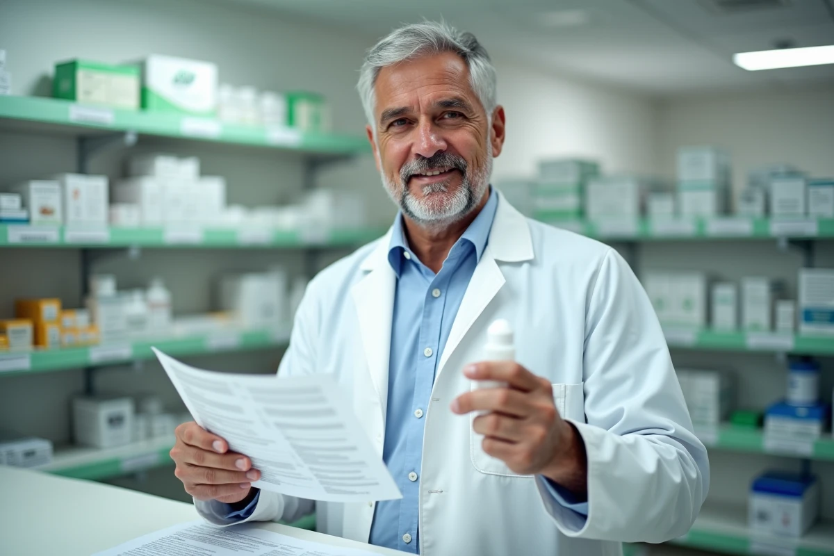 Pharmacien expliquant la posologie d'un médicament en gouttes à un patient devant un comptoir de pharmacie