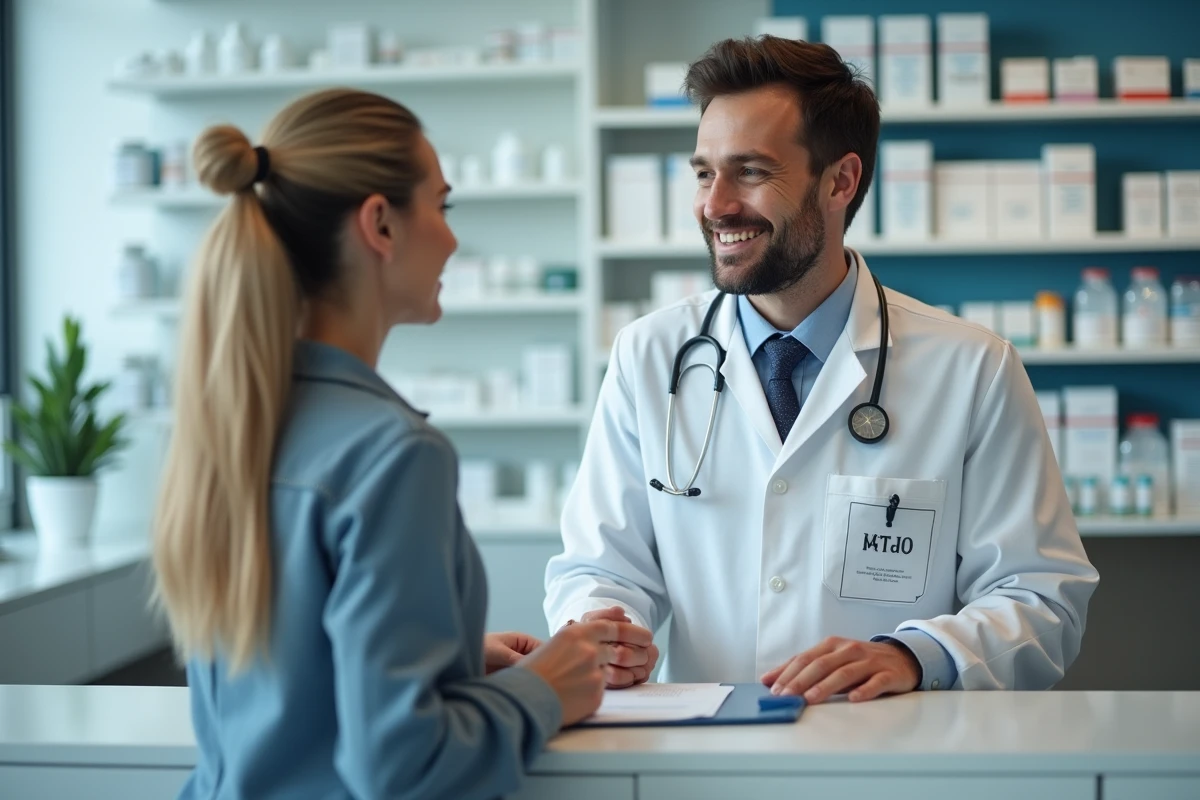 Pharmacien professionnel discutant avec une patiente au comptoir d'une pharmacie moderne adhérant à un réseau de santé