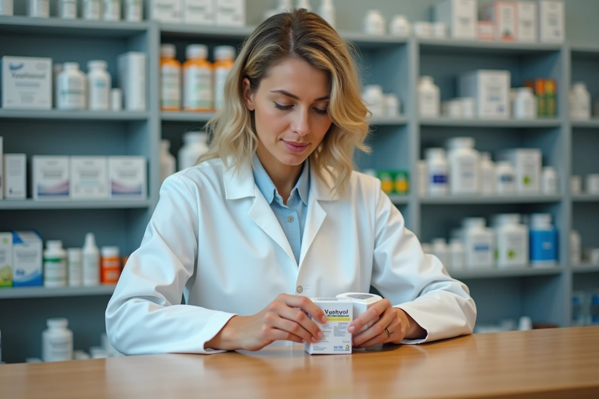 Pharmacienne compare deux boîtes de médicaments