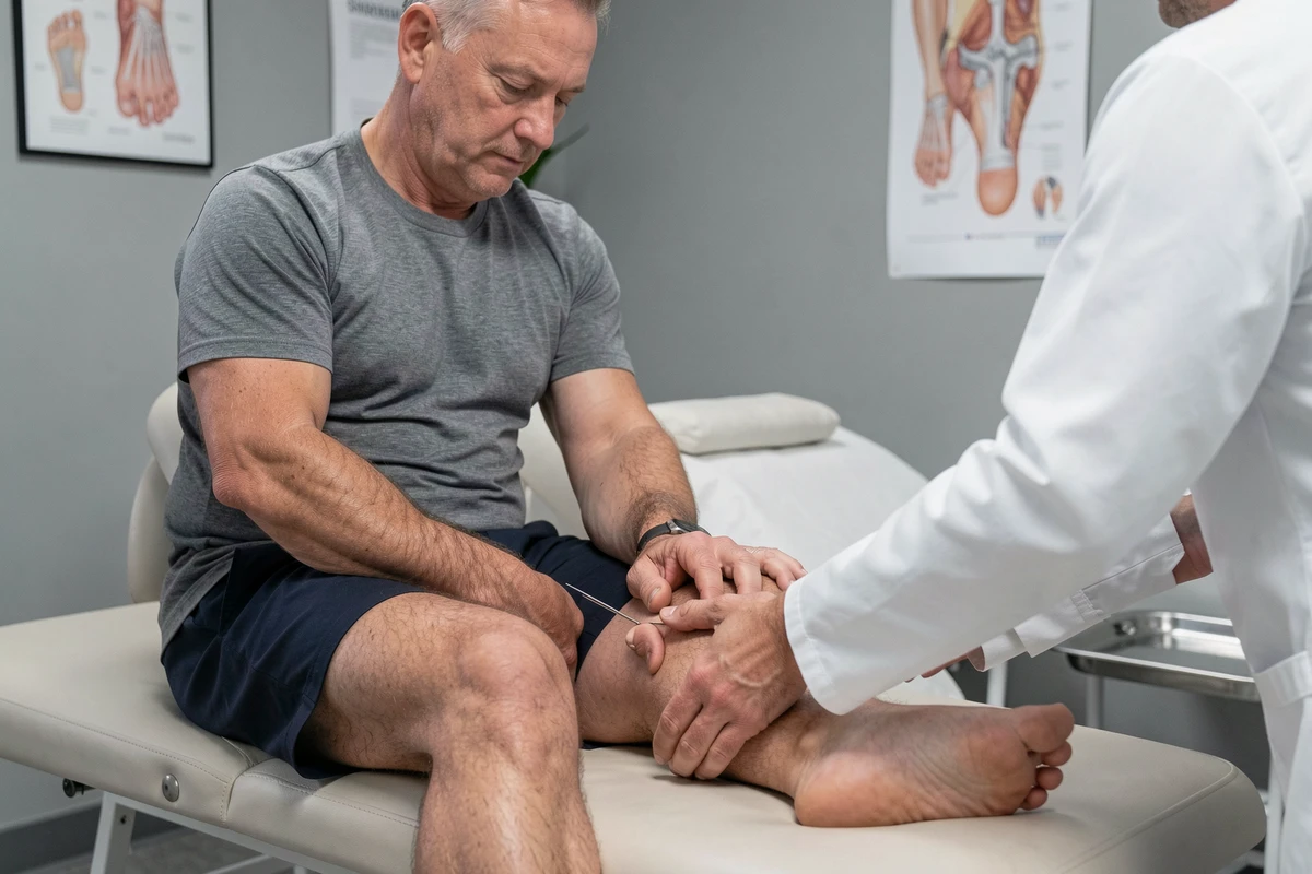 Physiothérapeute examinant le pied égyptien d'un patient en cabinet de kinésithérapie pour analyser les tensions posturales