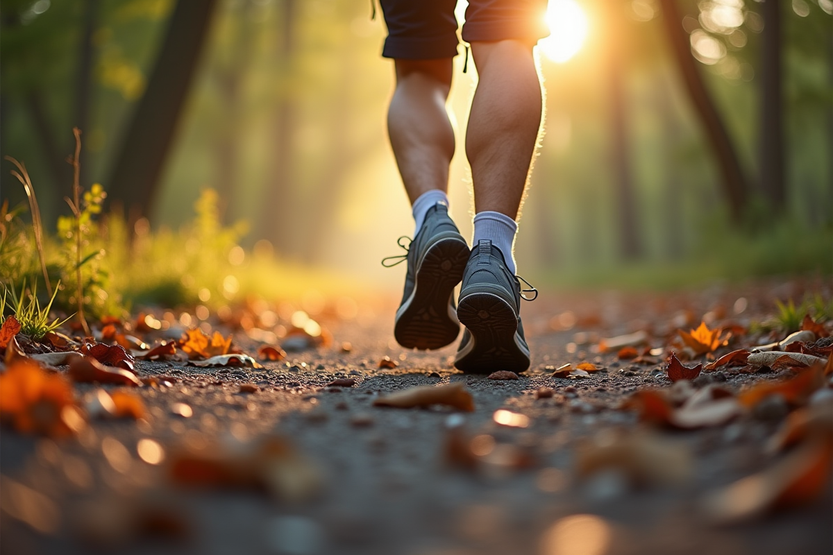 Jambes et chaussures sur un sentier forestier au matin