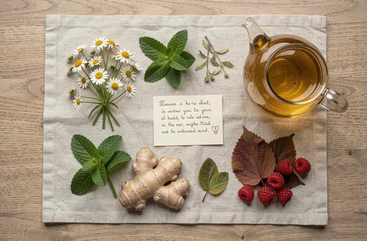 Vue aérienne de plantes médicinales séchées et fraîches pour tisane avec théière en verre sur lin