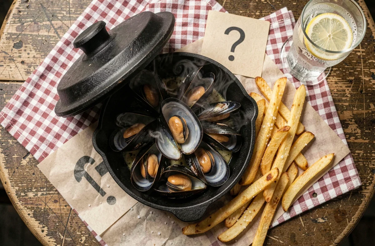Plat de moules frites en gros plan avec un point d'interrogation sur la consommation pendant la grossesse