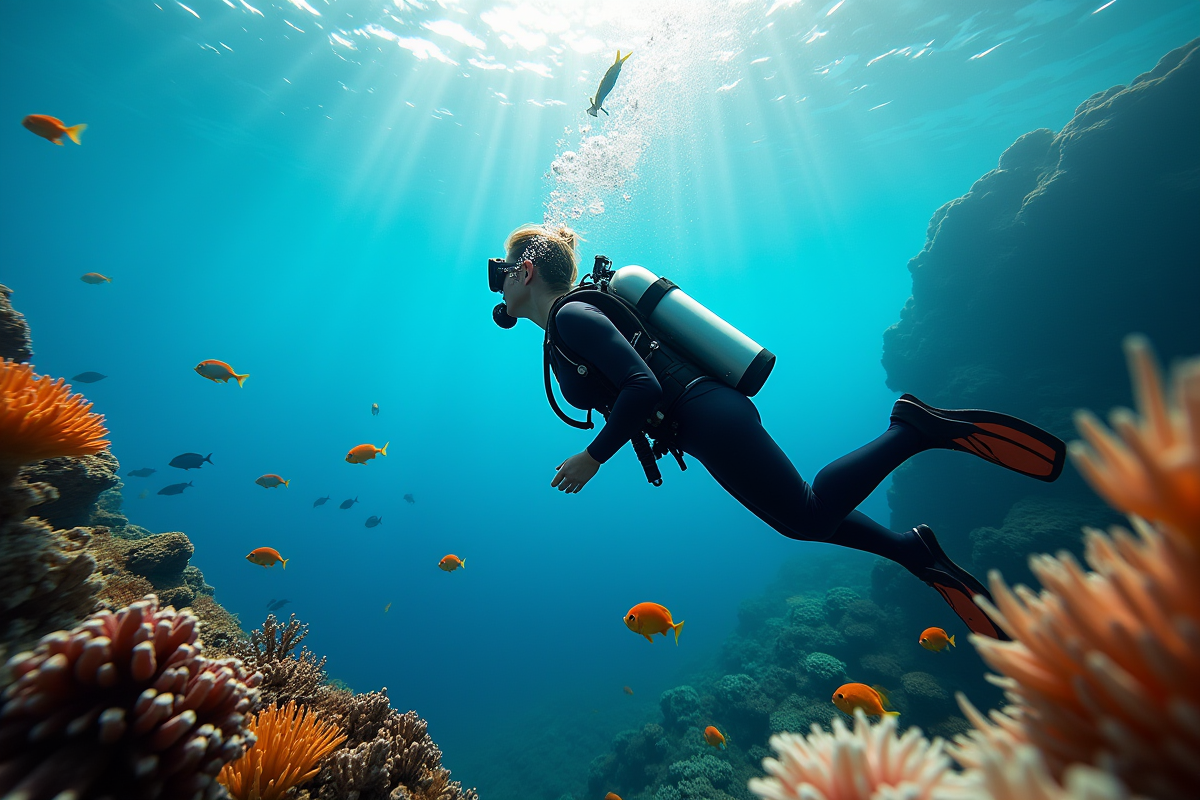 Femme en combinaison de plongée nageant parmi les coraux et poissons
