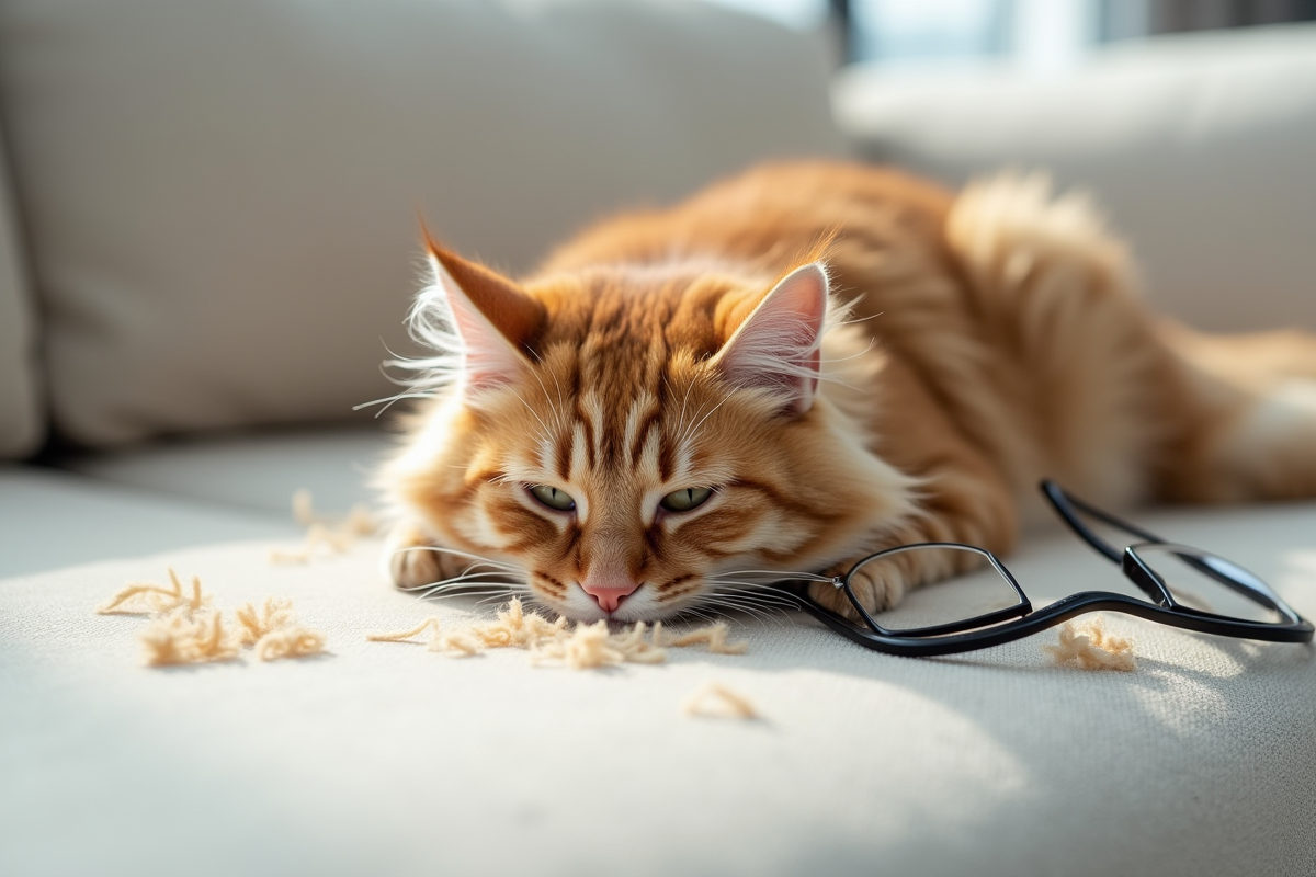 Poils de chat sur un canapé clair avec lunettes