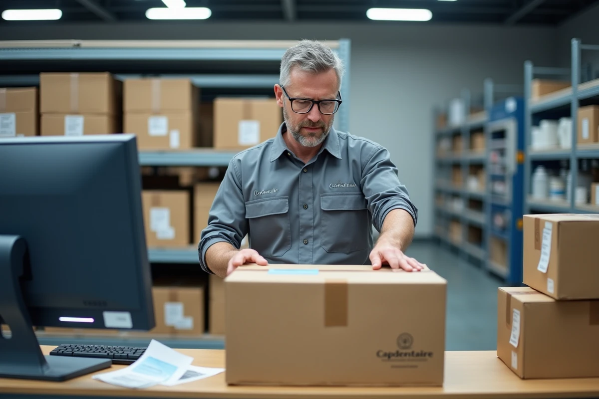 Employé préparant une commande de matériel de laboratoire dentaire Capdentaire dans un entrepôt logistique organisé