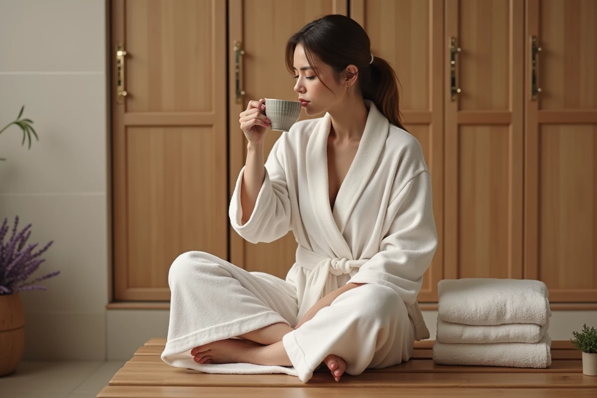 Femme en peignoir blanc savourant une tisane dans un espace détente avant une séance de massage bien-être à Toulouse