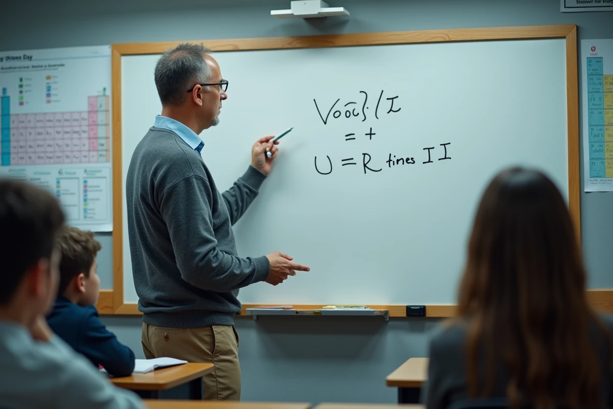 Professeur de physique expliquant le calcul de la tension électrique avec la loi d'Ohm au tableau dans une salle de classe