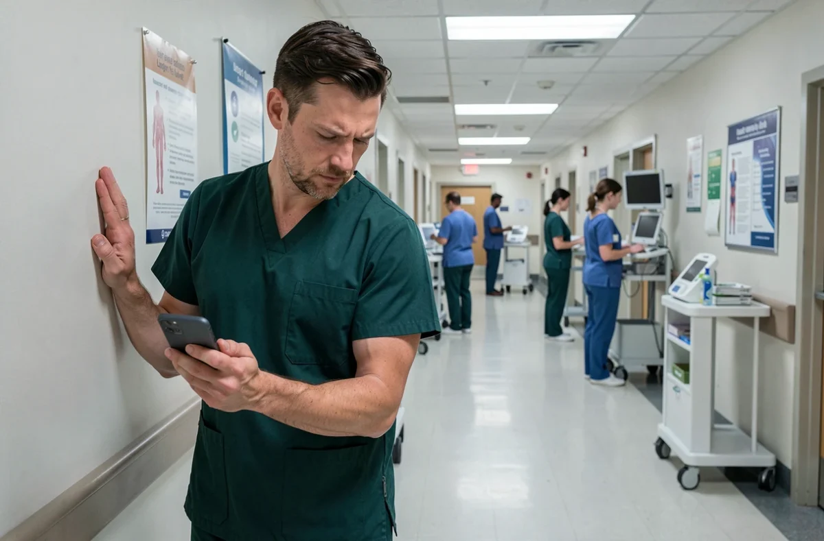 Professionnel de santé consultant son téléphone face à une panne du portail médical dans un couloir d'hôpital